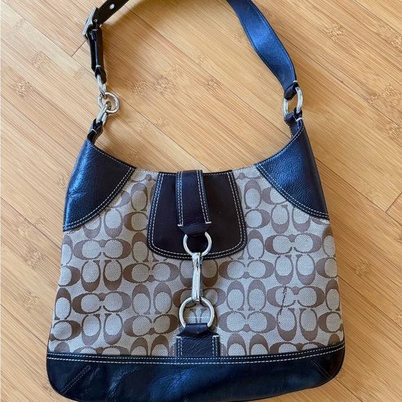 Coach Handbags - Coach Brown Signature Canvas Shoulder Bag with Dark Leather Trim